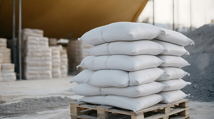 Stacked material bags on a pallet, used in construction or industrial settings for containing and transporting dry goods like cement or sand, creating neat piles.