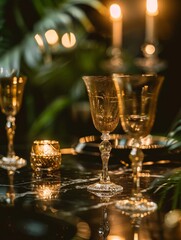 An elegant and romantic candlelit table setting for a luxury dinner or celebration. Vintage crystal glasses reflect the warm light on a dark marble table.