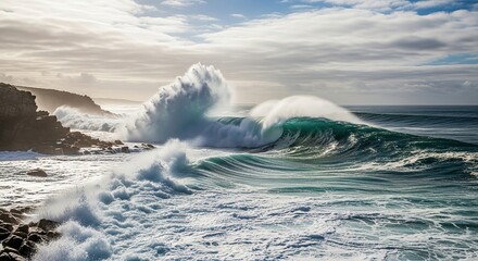 Powerful ocean waves crash dramatically against rugged rocky coastline under a dramatic sky, showcasing nature's raw energy and breathtaking beauty.