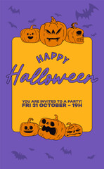 Happy halloween cute invitation with funny cartoon carved pumpkins, vintage retro style