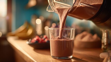 Medium shot capturing quick pouring of blended drink from a personal highspeed blender jar sharply focused with background gently out of focus for dynamic kitchen vibe