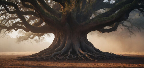 There is a large tree that in the middle of field movement depth composition frame cartoonish creative figure illustration gesture expression scene design layers emotion elements motion