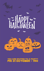 Happy halloween cute invitation with funny cartoon carved pumpkins, vintage retro style