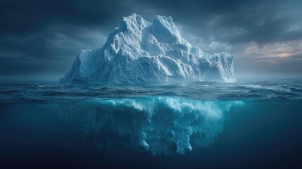 Dramatic iceberg split view showing climate change concept. Majestic iceberg floats in a serene ocean under dramatic skies.