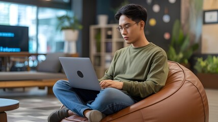 A focused young developer coding on his laptop, sitting on a beanbag in a modern