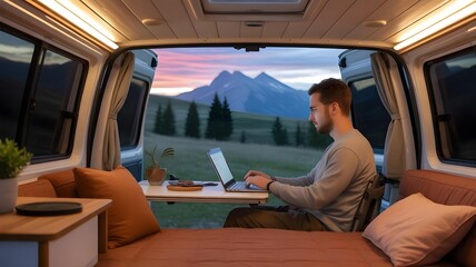 A man working on his laptop inside a cozy, well-lit camper van.
