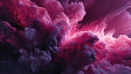 An abstract image depicting a vibrant, swirling mass of pink and purple clouds, resembling a cosmic explosion or nebula, with varying shades and densities creating depth and texture