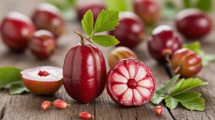 Gourmet Fruit Showcase: Close-up of a group of ripe, freshly harvested exotic fruits, showcasing the vivid colors and unique textures against a rustic wooden backdrop.