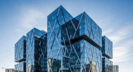 Stunning modern glass skyscraper captivates with unique geometric facade reflecting clear blue sky and clouds
