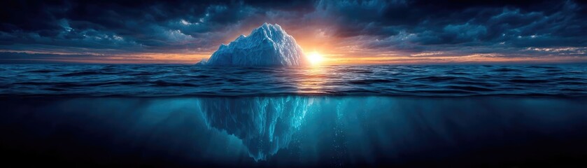 Fototapeta premium Dramatic iceberg split view showing climate change concept. A stunning iceberg against a dramatic sunset reflecting in the water.