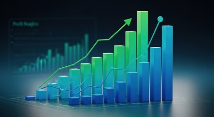 Dynamic financial growth charts showcase increasing profits and successful market trends with vibrant green and blue bar graphs and trending lines, visualizing business success.