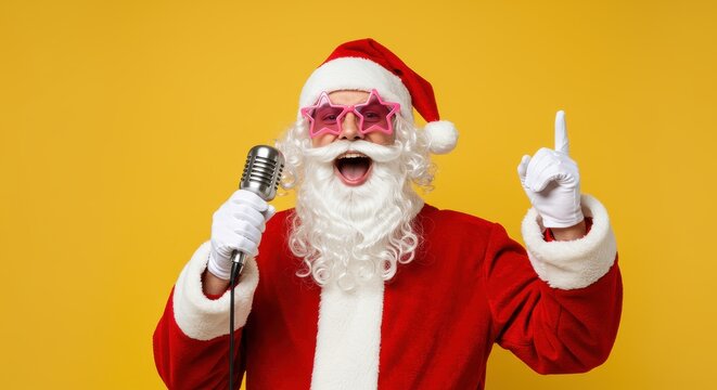 Santa Claus sings into a microphone wearing star-shaped glasses.