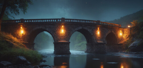 There is a bridge that lit up at night by the water expression gesture illustration layers style cartoonish creative elements backgrounds movement design emotion colorful depth composition