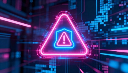 A virus alert warning displayed on a digital screen with red danger symbols and glitch effects, in a futuristic environment	