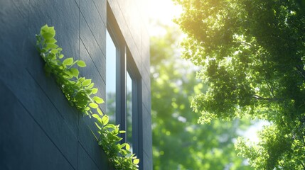 Modern building facade with greenery, sunlight, and trees