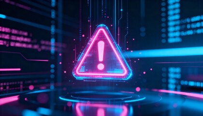 A virus alert warning displayed on a digital screen with red danger symbols and glitch effects, in a futuristic environment	