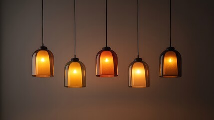 Five Amber and Orange Glass Pendant Lights Hanging in a Row lighting lamp