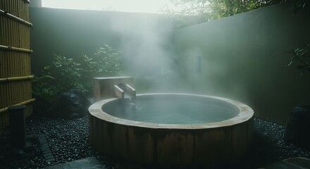 Outdoor Hot Spring Bath with Steaming Water Surrounded by Greenery and Modern Wall