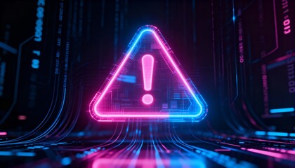 A virus alert warning displayed on a digital screen with red danger symbols and glitch effects, in a futuristic environment	