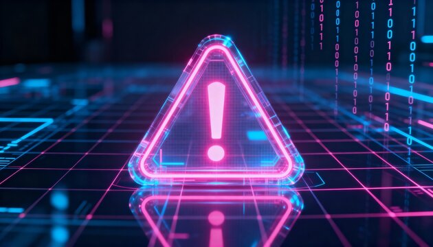 A virus alert warning displayed on a digital screen with red danger symbols and glitch effects, in a futuristic environment	