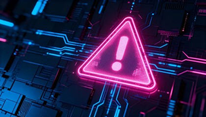 A virus alert warning displayed on a digital screen with red danger symbols and glitch effects, in a futuristic environment	