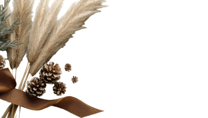 Dried grasses, pine cones, ribbon