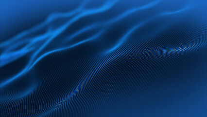 Blue particle wave on a cyber technology background. Abstract digital mesh with glowing dots forming luxurious wave patterns, representing data flow. Perfect for futuristic tech visuals, digital art, 