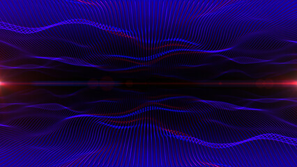 Two blue waves over a particle-filled background. Abstract gradient waves formed by blue spheres and soft light, with subtle bokeh effects. Perfect for digital art, tech visuals, futuristic background