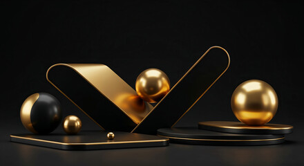 Modern luxurious 3D product display with reflective gold spheres and abstract matte black podium elements on a dark background