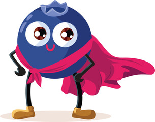 Happy Blueberry Superhero Vector Cartoon Character. Cheerful adorable fruit wearing the cape of a hero
