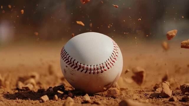 A white baseball, with red stitching, in mid-air.  Dust and soil are also suspended