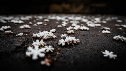 spreading. White mineral deposits like snowflakes on a dark stone surface. ESG reports, sustainability campaigns, designed for environmental awareness campaigns, promotes sustainability.
