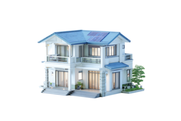 Two-story house, light blue roof, modern design, exterior view