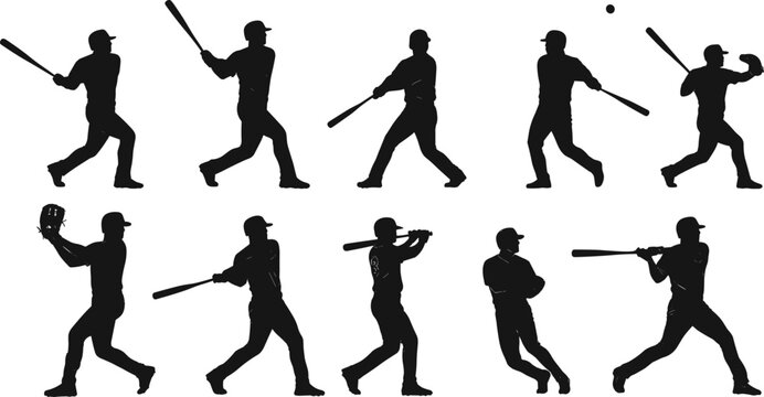 Baseball player silhouette vector set with ten action poses, batting, throwing, catching, dynamic motion, athletic form, and technique