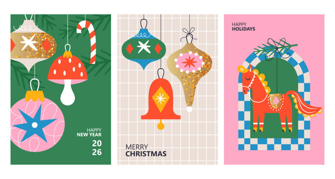 Merry Christmas modern poster design set in trendy style. Template for cards, banner and background