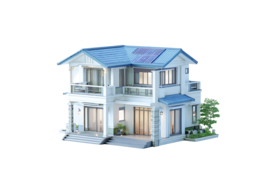 Two-story house, light blue roof, modern design,  exterior view