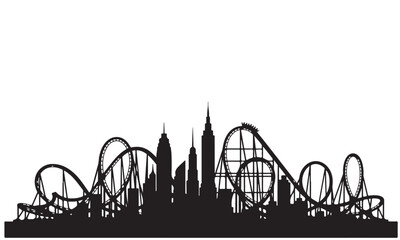 Dynamic City Skyline Silhouette with Roller Coaster Rides