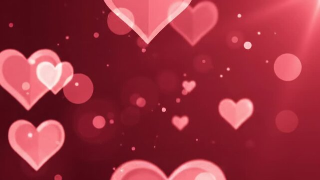 Ethereal video of translucent light red hearts, sparkling bokeh ascending on a vibrant ruby red gradient background, soft ambient light, romantic, serene atmosphere.