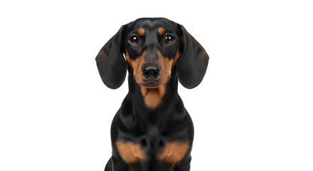 Portrait of a cute dachshund dog with a smooth coat looking directly at the camera against a clean white background in a studio setting for pet photography