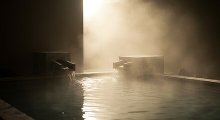 Steamy Indoor Hot Spring with Water Spouts and Warm Lighting in Relaxing Spa Environment