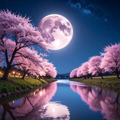 Pink cherry blossoms line a tranquil river at night, reflecting a large, luminous moon