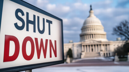 A prominent "SHUT DOWN" sign in front of the U.S. Capitol Building, highlighting a political or governmental closure.