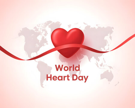 Red ribbon wraps around a 3d heart symbol on a world map background for world heart day awareness