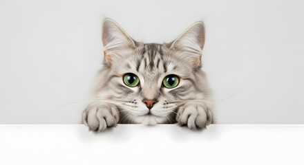 Silver tabby cat with green eyes peering over a white ledge looking directly at the viewer with a curious and playful expression on its face