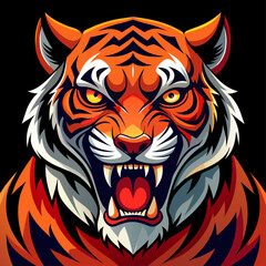 Vector art of aggressive tiger head with open mouth and sharp fangs isolated on