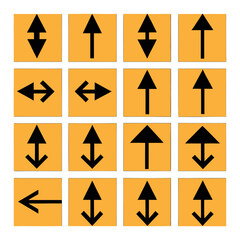 Vector art of sixteen yellow squares with black arrows pointing in different directions