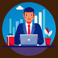 Vector art of professional businessman working on laptop with financial graph in background