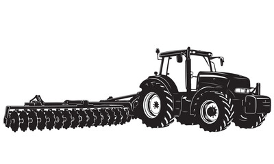 Modern Agricultural Tractor with Disc Harrow Silhouette Illustration