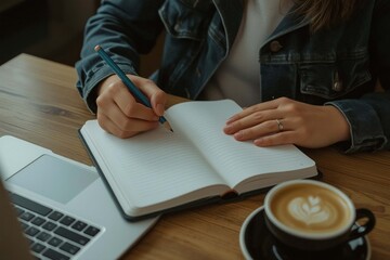Business people writing on documents with a pen while working on laptops at a desk in the office