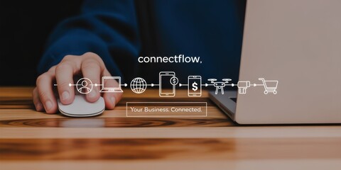 Workflow Visualization: A person interacts with a computer mouse, a flow of digital icons represent the seamless flow of data, commerce, and communication. symbolizing connection.